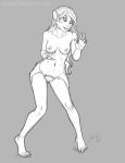  2017 animal_humanoid breasts claws female grey_background hair humanoid lagomorph long_hair lylas mammal monochrome navel nipples nude pika_humanoid pussy simple_background smile solo standing transformation 