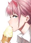  absurdres aqua_eyes bangs collared_shirt commentary_request darling_in_the_franxx eating food highres holding holding_food horns ice_cream liudaohai6001 looking_at_viewer pink_hair profile shirt simple_background solo white_background white_shirt zero_two_(darling_in_the_franxx) 