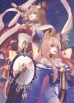  animal_ear_fluff animal_ears blue_dress breasts cleavage commentary_request dress fate/grand_order fate_(series) fox_ears fox_tail gold_trim highres holding holding_sword holding_weapon japanese_clothes katana large_breasts long_hair multiple_girls navel night night_sky open_mouth orange_hair pink_hair satsuki_ame sky smile star_(sky) starry_sky suzuka_gozen_(fate) sword tail tamamo_(fate)_(all) tamamo_no_mae_(fate) very_long_hair weapon yellow_eyes 