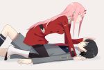  1girl bangs black_hair black_legwear blue_eyes boots breasts commentary couple darling_in_the_franxx girl_on_top green_eyes hair_ornament hairband hand_on_another's_head hetero highres hiro_(darling_in_the_franxx) horns kenkaizar long_hair long_sleeves looking_at_another lying military military_uniform necktie on_back oni_horns pantyhose pink_hair red_horns red_neckwear socks straddling uniform white_footwear white_hairband zero_two_(darling_in_the_franxx) 