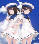  back-to-back black_hair blue_eyes blue_sailor_collar blue_sky brown_eyes cloud cloudy_sky commentary_request daitou_(kantai_collection) day dress feet_out_of_frame grin hat hiburi_(kantai_collection) kantai_collection locked_arms looking_at_viewer multiple_girls sailor_collar sailor_dress sailor_hat short_hair short_sleeves sky smile standing v white_hat yumesato_makura 