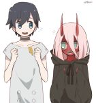 1girl black_cloak black_collar black_hair blue_eyes chungyun_high cloak collar commentary couple darling_in_the_franxx green_eyes grey_shirt hetero hiro_(darling_in_the_franxx) hood hooded_cloak horns long_hair looking_at_another oni_horns open_mouth parka pink_hair red_horns red_pupils red_sclera red_skin shirt teeth younger zero_two_(darling_in_the_franxx) 