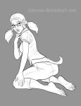  2017 animal_humanoid barefoot breasts butt clothed clothing dog_humanoid eyewear female glasses grey_background humanoid kneeling lylas monochrome open_mouth pants pigtails shirt simple_background solo surprise transformation 