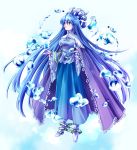  bangs blue_eyes blue_footwear blue_hair blue_skirt breasts bubble cape commentary eyebrows_visible_through_hair frilled_cape frilled_sleeves frills full_body hair_between_eyes highres houshin_engi large_breasts long_hair long_skirt long_sleeves looking_up open_hand parted_lips purple_cape ryuukitsu_koushu shoes skirt solo su_(pixiv44447) very_long_hair water water_manipulation wide_sleeves 