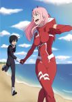  1girl 463093780 absurdres bangs black_bodysuit black_hair blue_eyes bodysuit boots breasts cloud commentary_request couple darling_in_the_franxx day eyebrows_visible_through_hair fangs gloves green_eyes hair_ornament hairband hetero highres hiro_(darling_in_the_franxx) holding_hands horns large_breasts long_hair looking_back ocean oni_horns pilot_suit pink_hair red_bodysuit red_horns sand sky white_footwear white_gloves white_hairband zero_two_(darling_in_the_franxx) 