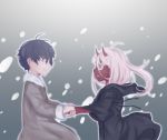  1boy 1girl black_hair black_robe child coat darling_in_the_franxx female freon green_eyes high_resolution hiro_(darling_in_the_franxx) horns in_profile long_hair long_sleeves looking_at_another male red_skin robe short_hair silver_hair standing very_high_resolution winter winter_coat younger zero_two_(darling_in_the_franxx) 