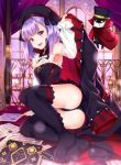  :d armpits ass bare_shoulders black_hat book coat commentary detached_sleeves dress fate/grand_order fate_(series) grimoire hat helena_blavatsky_(fate/grand_order) nishimi_shin no_shoes open_mouth purple_eyes purple_hair short_hair smile solo strapless strapless_dress thighhighs white_sleeves 