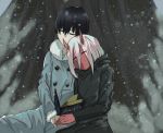 1girl black_cloak black_hair book child cloak closed_eyes coat commentary_request couple darling_in_the_franxx eyebrows_visible_through_hair fur_coat fur_trim grey_coat hetero hiro_(darling_in_the_franxx) holding holding_book holding_hands hood hooded_cloak horns kurosawa_(hjkl42332) leaning_on_person leaning_to_the_side long_coat long_hair oni_horns open_book parka pink_hair red_horns red_skin side-by-side sitting sleeping sleeping_on_person sleeping_upright snow tree winter_clothes winter_coat zero_two_(darling_in_the_franxx) 