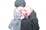  1girl black_cloak black_hair blue_eyes child cloak closed_eyes coat commentary_request couple darling_in_the_franxx fur_coat fur_trim grey_coat hetero hiro_(darling_in_the_franxx) hood hooded_cloak horns knees_up long_coat long_hair looking_at_another luozhou_pile oni_horns parka pink_hair red_horns red_skin sleeping sleeping_upright winter_clothes winter_coat zero_two_(darling_in_the_franxx) 