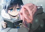  1girl black_cloak black_hair blue_eyes book cloak closed_eyes coat commentary_request couple darling_in_the_franxx eyebrows_visible_through_hair fur_trim futami_(futamito) grey_coat head_on_another's_shoulder hetero hiro_(darling_in_the_franxx) holding holding_book hood hooded_cloak horns leaning_on_person long_hair looking_at_another oni_horns open_book parka pink_hair red_horns red_skin sleeping sleeping_on_person sleeping_upright winter_clothes winter_coat younger zero_two_(darling_in_the_franxx) 