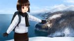  akemiho_tabi_nikki backpack bag black_hair brown_eyes coat day down_jacket eyebrows_visible_through_hair fukube_tamaki gloves highres kouno_hikaru looking_to_the_side mountain open_mouth outdoors scarf short_hair skirt snow solo water 