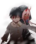  1girl black_cloak black_hair black_legwear blood blood_on_face book cloak coat commentary_request darling_in_the_franxx fur_trim green_eyes grey_coat highres hiro_(darling_in_the_franxx) holding holding_book hood hood_up hooded_cloak horns long_hair oni_horns outstretched_arm parka pink_hair protecting red_skin shaded_face spoilers tears winter_clothes winter_coat younger yuuki_mix zero_two_(darling_in_the_franxx) 