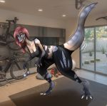  2018 anthro beingobscene beverage claws clothed clothing dinosaur female green_eyes hair nipple_bulge open_mouth pants photo_background raptor red_hair solo standing surprise theropod torn_clothing transformation 