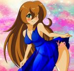  1girl alternate_costume alternate_focus bare_arms bare_shoulders bent_over blue_dress blush breasts brown_hair capcom cleavage dress dress_lift green_eyes hair_between_eyes iris_(rockman_x) kamira-exe leaning_forward legs_apart long_hair looking_at_viewer looking_to_the_side medium_breasts midriff navel one_eye_closed parted_lips rockman rockman_x rockman_x4 see-through sideboob signature smile solo wide_hips wink winking 