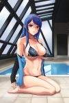  bangs bare_shoulders barefoot bikini black_bikini black_jacket blue_hair breasts cleavage collarbone day din_(raiden) eyebrows_visible_through_hair full_body gakuen_taisen_valkyries glasses groin hairband halter_top halterneck highres indoors jacket large_breasts legs long_hair long_sleeves looking_at_viewer navel off_shoulder open_clothes open_jacket parted_lips pink_eyes pool poolside print_bikini red_hairband rei_no_pool revision rimless_eyewear sabra_greengold seiza sitting solo stomach strap_gap swept_bangs swimsuit thighs tile_floor tiles underboob wariza water wet 