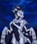  2018 anthro breasts detailed_background dragon feathers female heterochromia horn night nude outside red_eyes selianth sky solo star starry_sky white_feathers 