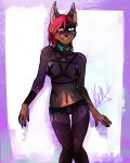  2018 anthro armor belt black_fur bracers breasts canine clothing collar cross cross_nipples digital_media_(artwork) doberman dog ear_piercing female fur green_eyes hair legwear ligynkey mammal mistress panties piercing red_hair shapely simple_background smile solo standing stockings teeth underwear 