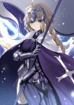  absurdres armor armored_dress bad_id bad_pixiv_id blonde_hair blue_eyes braid cape chain fate/grand_order fate_(series) faulds flag gauntlets headpiece highres jeanne_d'arc_(fate) jeanne_d'arc_(fate)_(all) long_braid long_hair paperfinger plackart single_braid solo standing thighhighs very_long_hair 