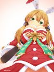  alternate_costume anchor_hair_ornament animal_ears bad_id bad_pixiv_id bangs blonde_hair blush breasts bunny_ears christmas commentary_request elbow_gloves fingerless_gloves from_below gloves grabbing_own_breast gradient gradient_background green_eyes hair_between_eyes hair_ornament kantai_collection long_hair long_sleeves looking_at_viewer parted_lips prinz_eugen_(kantai_collection) santa_costume sidelocks simple_background smile solo star suohachi twintails 