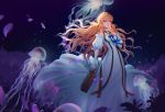  air_bubble blonde_hair blue_eyes brooch bubble collar commentary_request dress frills hair_between_eyes hair_intakes hand_on_own_chest highres holding_briefcase jellyfish jewelry lian_yao long_hair long_skirt petals red_ribbon ribbon skirt suitcase underwater very_long_hair violet_(flower) violet_evergarden violet_evergarden_(character) water white_dress 