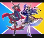  blazblue:_cross_tag_battle boots commentary_request crescent_rose frilled_skirt frills hayami_saori high_heels iesupa multicolored_hair multiple_girls orie_(under_night_in-birth) pantyhose petticoat purple_hair ruby_rose rwby scythe seiyuu_connection skirt sword two-tone_hair under_night_in-birth weapon 