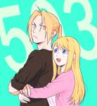  1girl :d black_shirt blonde_hair blue_background blue_eyes couple earrings edward_elric eyebrows_visible_through_hair fingernails frown fullmetal_alchemist hanayama_(inunekokawaii) happy height_difference hetero hug hug_from_behind husband_and_wife jewelry long_hair long_sleeves looking_at_another looking_back looking_up number open_mouth pink_shirt ponytail serious shirt simple_background smile upper_body winry_rockbell yellow_eyes 