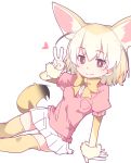  animal_ears arm_support arm_up bangs blonde_hair bow bowtie brown_eyes closed_mouth extra_ears eyebrows_visible_through_hair fang fang_out fennec_(kemono_friends) fox_ears fox_girl fox_tail gradient_hair hair_between_eyes heart ixy kemono_friends long_hair multicolored_hair pink_sweater pleated_skirt puffy_short_sleeves puffy_sleeves shirt short_sleeve_sweater short_sleeves simple_background skirt smile solo sweater tail thighhighs v white_background white_hair white_shirt white_skirt yellow_legwear yellow_neckwear 