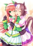  :d ;) animal_ears bangs black_gloves black_legwear blush bow braid brown_hair closed_eyes closed_mouth commentary_request crying eyebrows_visible_through_hair gloves green_eyes hair_between_eyes hair_bow hairband highres horse_ears horse_girl horse_tail hug hug_from_behind long_hair long_sleeves multicolored_hair multiple_girls one_eye_closed open_mouth pantyhose partial_commentary pleated_skirt puffy_short_sleeves puffy_sleeves purple_bow purple_ribbon revision ribbon shirt short_over_long_sleeves short_sleeves silence_suzuka skirt smile special_week streaked_hair tail tears umamusume very_long_hair white_hair white_hairband white_legwear white_shirt yunagi_amane 
