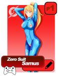  1girl areolae arms_behind_head artist_name blonde_hair blue_eyes bodysuit breast_cutout breasts character_name clitoris covered_navel crotch_cutout gradient_background ilustretsspoks large_breasts looking_at_viewer metroid mole mole_under_mouth nintendo nipples ponytail pussy samus_aran skin_tight solo torn_clothes uncensored zero_suit 