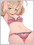  armpits arms_up blonde_hair bra breasts caburi commentary_request green_eyes highres idolmaster idolmaster_cinderella_girls navel panties pink_bra pink_panties satou_shin small_breasts solo twintails underwear 