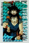  90s :d artist_request black_eyes black_footwear black_hair blue_background brothers card_(medium) carrying clenched_hand copyright_name dougi dragon_ball dragon_ball_z english fingernails happy highres hologram long_sleeves looking_at_another looking_at_viewer looking_up male_focus multiple_boys muscle number official_art open_mouth piggyback scan scan_artifacts short_hair siblings simple_background sitting sleeveless smile son_gohan son_goten spiked_hair text_focus translation_request wristband 