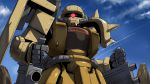  cloudy_sky day gundam gundam_msv highres looking_at_viewer mecha mobile_suit_gundam no_humans one-eyed red_eyes shoulder_spikes sky solo spikes tenrai upper_body weapon zaku_ii 