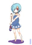  ahoge artist_name bare_arms barefoot blue_hair blush braid covered_navel dress full_body hair_over_one_eye hakano_shinshi holding looking_at_viewer one_eye_closed open_mouth red_eyes short_hair simple_background single_braid solo standing tatara_kogasa touhou white_background 