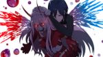  1girl black_hair blue_eyes commentary_request couple darling_in_the_franxx gloves hairband hand_on_another's_head highres hiro_(darling_in_the_franxx) horns hug hug_from_behind igommy long_hair oni_horns pilot_suit pink_hair red_eyes white_gloves white_hairband wings zero_two_(darling_in_the_franxx) 