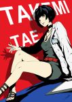  belt black_hair brown_eyes choker jewelry labcoat looking_at_viewer nail_polish necklace persona persona_5 sitting solo syringe takemi_tae text_focus werkbau 
