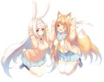  ;d animal_ear_fluff animal_ears arms_up black_legwear blonde_hair blue_sailor_collar blue_skirt blush brown_cardigan brown_footwear brown_sweater bunny_ears bunny_girl bunny_pose bunny_tail cardigan closed_mouth collared_shirt commentary_request cynthia_riddle dress_shirt fox_ears fox_girl fox_tail headband highres loafers long_hair long_sleeves looking_at_viewer milia_leclerc multiple_girls neck_ribbon neckerchief one_eye_closed open_cardigan open_clothes open_mouth original p19 pleated_skirt red_ribbon ribbon ribbon_trim sailor_collar school_uniform serafuku shirt shoes simple_background skirt sleeves_past_wrists smile socks sweater tail thighhighs very_long_hair white_background white_hair white_legwear white_shirt yellow_neckwear 
