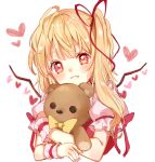  :3 blonde_hair bow closed_mouth commentary_request eyelashes fang flandre_scarlet heart hug looking_at_viewer no_hat no_headwear paragasu_(parags112) puffy_short_sleeves puffy_sleeves red_eyes red_ribbon red_vest ribbon shirt short_sleeves side_ponytail solo stuffed_animal stuffed_toy teddy_bear touhou upper_body vest white_background white_shirt wings wrist_cuffs yellow_bow 