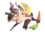  animal_ears bare_shoulders bent_over breasts brown_eyes brown_gloves brown_hair brown_legwear bunny_ears bunny_girl carrot cleavage fake_animal_ears fire_emblem fire_emblem_heroes flower food frown full_body gloves hair_flower hair_ornament hair_over_one_eye hanging_breasts holding holding_food holding_vegetable kagerou_(fire_emblem_if) large_breasts long_hair looking_at_viewer pantyhose solo white_background yamauchi_(conan-comy) 