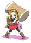  bandana bangs belt black_legwear blonde_hair blue_bandana blue_eyes blush_stickers boots brown_belt brown_footwear brown_gloves closed_mouth dragon_quest dragon_quest_builders dress eyelashes full_body gloves goggles goggles_on_head hammer heroine_(dqb) holding holding_hammer holding_weapon huge_weapon io_naomichi legs_apart long_hair long_sleeves pantyhose parted_bangs red_dress simple_background smile solo v-shaped_eyebrows weapon white_background 