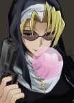  black_eyes black_lagoon blonde_hair breasts bubble_blowing chewing_gum cross cross_necklace eda_(black_lagoon) eyebrows eyelashes finger_on_trigger fingernails grey_background gun habit hair_intakes handgun holding holding_gun holding_weapon io_naomichi jewelry long_fingernails medium_breasts necklace nun open_mouth short_hair simple_background smile solo sunglasses turtleneck upper_body weapon 