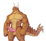  abs anthro balls biceps big_penis bolder brown_scales caindra claws dragon horn knot long_tail male muscular muscular_male pecs penis ridged_penis scales signature simple_background solo standing teeth white_background yellow_eyes 