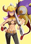  ;) abs ameruda bangs bare_shoulders belt belt_buckle black_pants blue_eyes bracelet breasts buckle closed_mouth cowboy_shot dragon_quest dragon_quest_builders eyebrows groin hair_between_eyes hand_on_hip helmet horned_helmet io_naomichi jewelry legs_apart long_hair medium_breasts midriff muscle muscular_female navel o-ring o-ring_top one_eye_closed orange_belt outline over_shoulder pants purple_hair scar smile solo spiked_bracelet spikes standing stomach underboob white_outline wrench yellow_background 