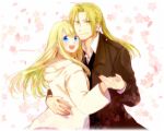  1girl 2018 :d blonde_hair blue_eyes blush brown_coat coat couple dated earrings edward_elric eyebrows_visible_through_hair fingernails floating_hair floral_background flower fullmetal_alchemist hands_together happy hetero hug jacket jewelry long_hair looking_at_viewer open_mouth petals pink_background pink_flower ponytail shirt simple_background smile tsukuda0310 upper_body waistcoat white_background white_jacket white_shirt winry_rockbell yellow_eyes 