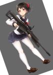  anti-materiel_rifle bangs barrett_m82 black_hair black_sailor_collar black_skirt blush bow brown_footwear collarbone commentary_request dutch_angle eyebrows_visible_through_hair full_body funyariko grey_background gun hair_bow highres holding holding_gun holding_weapon loafers long_sleeves looking_away looking_to_the_side original pantyhose pleated_skirt ponytail red_bow red_eyes rifle sailor_collar school_uniform serafuku shirt shoes skirt sniper_rifle solo standing two-tone_background weapon white_background white_legwear white_shirt 