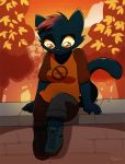  autumn bexcanary black_fur boots breasts clothing cloud dyed_fur eyelashed feline female footwear forest fur leaves looking_down mae_(nitw) mammal night_in_the_woods notched_ear null_symbol orange_irises pink_nose red_irises redfur resting sitting slightly_chubby solo tree tuft 