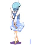  ahoge artist_name blue_hair blue_skirt facing_away from_behind full_body geta hakano_shinshi holding long_sleeves simple_background skirt solo standing tatara_kogasa touhou white_background 