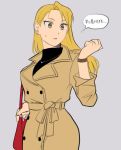  1girl bag belt black_shirt blonde_hair breasts brown_coat brown_eyes clenched_hand coat downscaled earrings expressionless eyelashes fingernails fullmetal_alchemist grey_background handbag highres jewelry long_hair looking_away md5_mismatch necklace ozaki_(tsukiko3) resized riza_hawkeye shirt simple_background solo_focus standing sweatdrop thought_bubble translation_request upper_body watch 