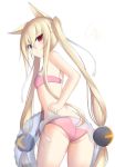 animal_ears ass bangs bikini blonde_hair blue_eyes blush bra_strap breasts character_name closed_mouth commentary_request eyebrows_visible_through_hair fox_ears frilled_bikini_top g41_(girls_frontline) girls_frontline hair_between_eyes heterochromia highres holding holding_innertube innertube long_hair looking_at_viewer pink_bikini red_eyes see-through simple_background small_breasts solo swimsuit very_long_hair white_background xiaobai_(cheng_pan) 
