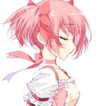  bad_id bad_pixiv_id bow breasts closed_eyes commentary dress eyebrows_visible_through_hair from_side hair_bow highres kaname_madoka mahou_shoujo_madoka_magica misteor multicolored multicolored_clothes multicolored_dress pink_bow pink_hair pink_ribbon puffy_short_sleeves puffy_sleeves ribbon short_hair short_sleeves solo tied_hair white_background 