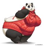  2017 bear big_breasts big_butt black_fur black_lips black_nose blue_eyes breasts butt claws clothed clothing female fur gillpanda gillpanda_(character) hands_behind_back head_tuft huge_butt leaning leaning_forward looking_at_viewer mammal open_mouth overweight panda signature simple_background smile solo standing sweater thick_thighs tongue virgin_killer_sweater white_background white_fur wide_hips 